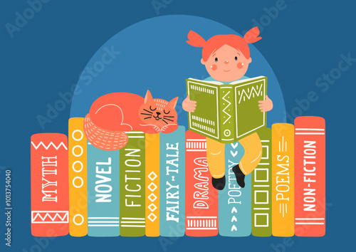 Girl reading book to cat on bookshelf. Different literary genres books. Reading, literature, education concept.