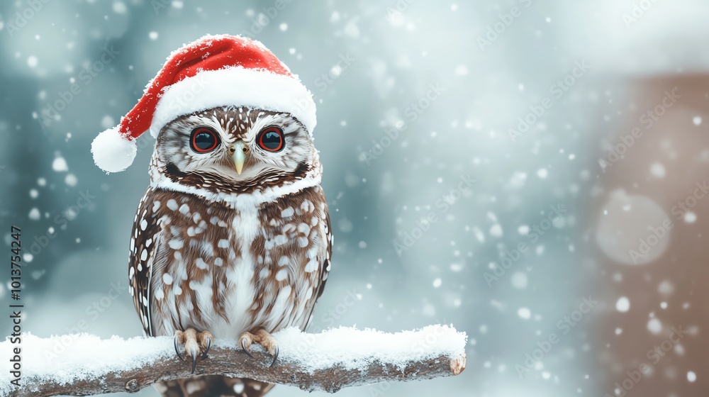 Owl with Santa hat, perched on snowy tree branch, 3D illustration Owl with Santa hat, perched on snowy tree branch, 3D illustration