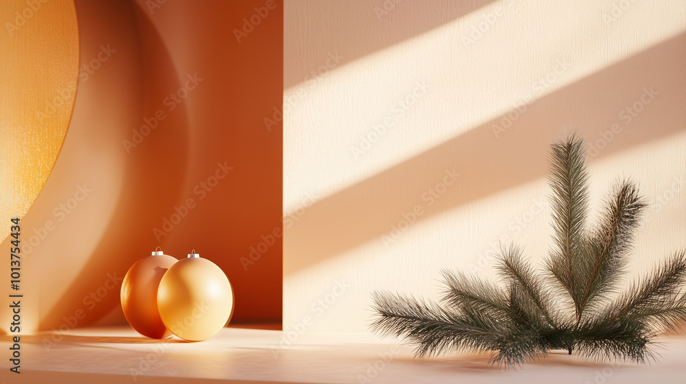Minimalist New Year design with abstract shapes and warm lighting, clean lines, refined composition