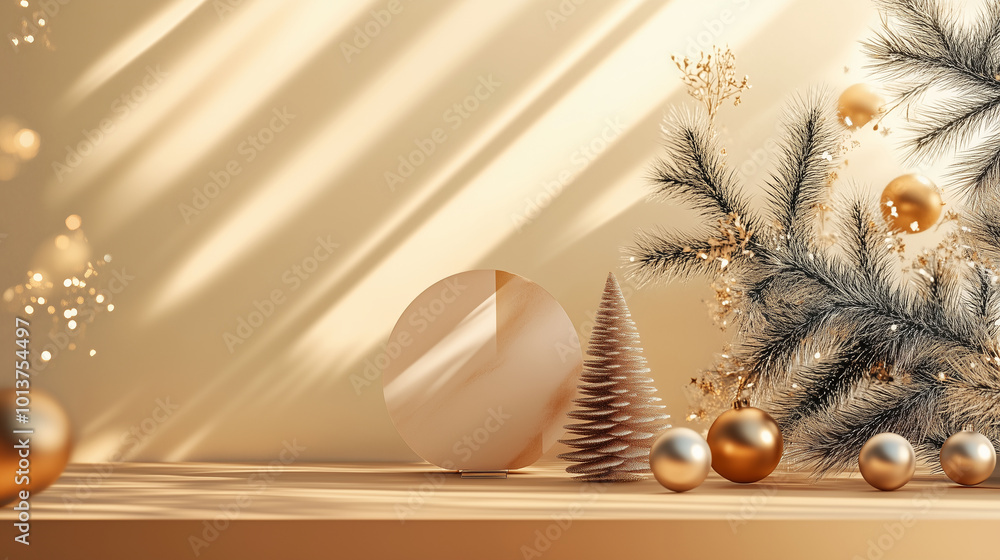 Minimalist New Year design with abstract shapes and warm lighting, clean lines, refined composition
