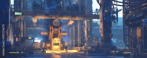 A cyberpunk industrial sector, where massive factories operate autonomously with robotic arms and assembly lines, 4K hyperrealistic photo photo