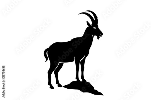 Mountain Goat Sturdy with Curved Horns and Standing Silhouette Vector Illustration