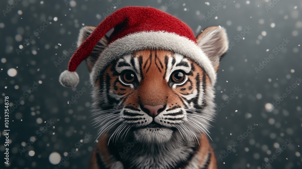 Tiger cub in elf hat, festive forest backdrop, 3D illustration Tiger cub in elf hat, festive forest backdrop, 3D illustration