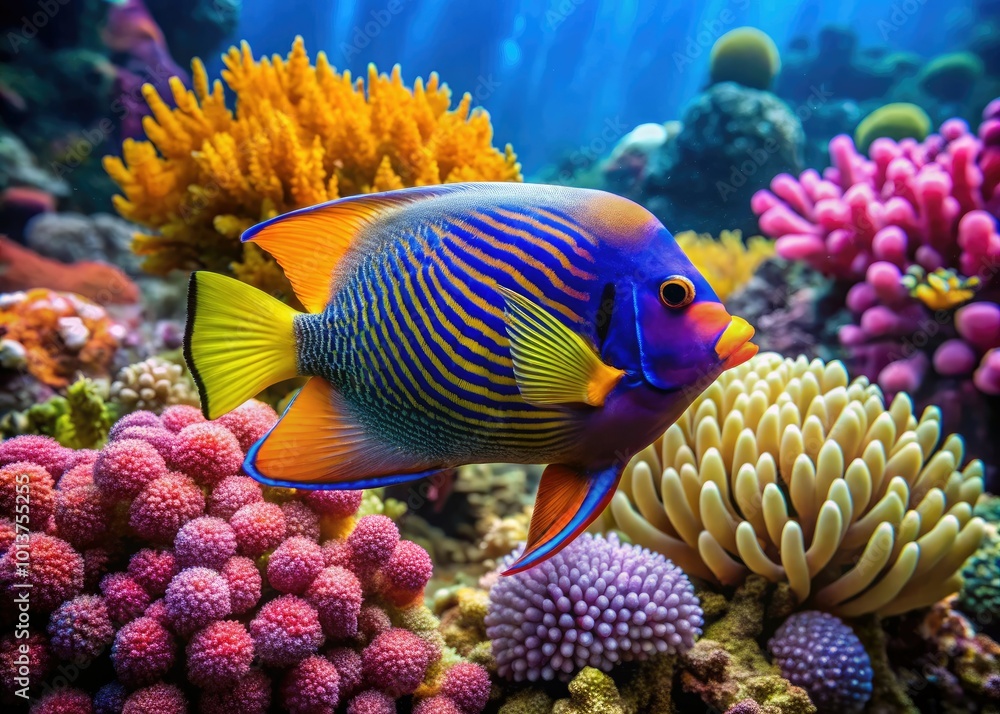 Obraz premium In clear tropical waters, a vibrant angelfish swims elegantly, weaving through a landscape of breathtaking coral reefs bursting with color and vibrant marine life.