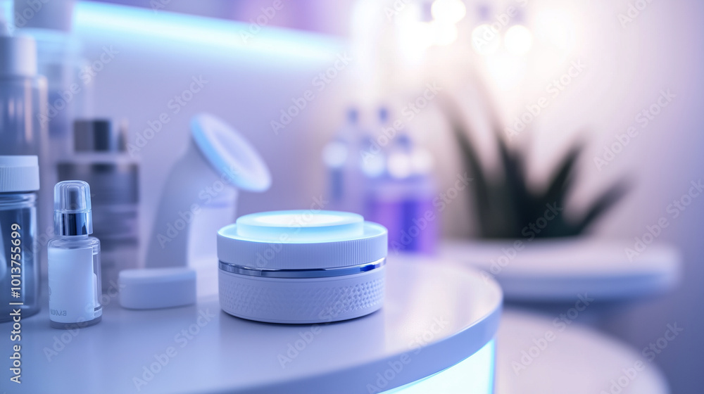 Hormone-regulating medical devices on elderly skin, with sleek 3D minimalist elements, well-lit, clinical setting