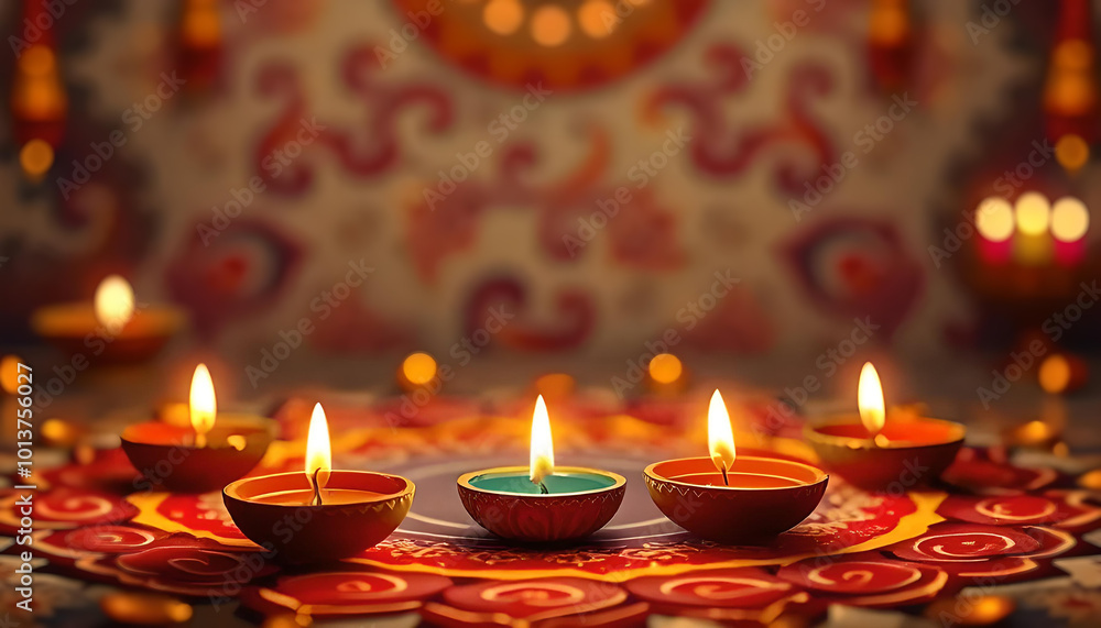 Lampes à huile ou bougies indiennes sur fond bokeh avec espace de copie, célébration de Diwali, fête traditionnelle des lumières Lampes à huile ou bougies indiennes sur fond bokeh avec espace de copie, célébration de Diwali, fête traditionnelle des lumières