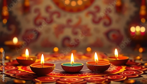 Lampes à huile ou bougies indiennes sur fond bokeh avec espace de copie, célébration de Diwali, fête traditionnelle des lumières