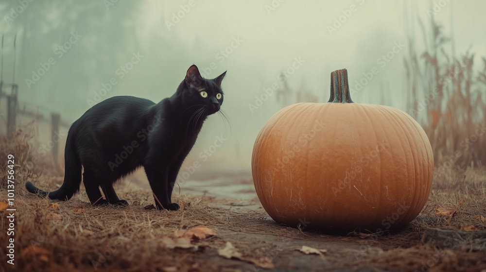 Black cat standing beside a large pumpkin on a foggy evening, soft autumn light, eerie Halloween ambiance
