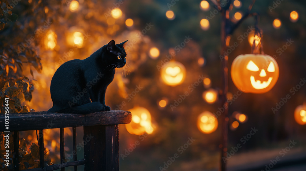 Black cat perched on a fence, surrounded by glowing pumpkins and lanterns in an autumn landscape, Halloween night scene