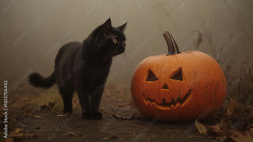 Black cat standing beside a large pumpkin on a foggy evening, soft autumn light, eerie Halloween ambiance