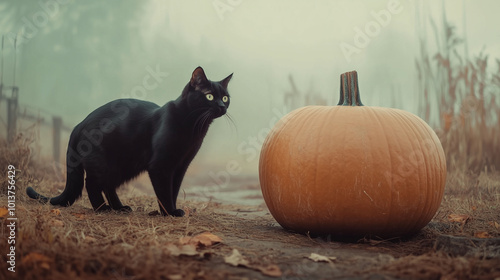 Obraz na płótnie Black cat standing beside a large pumpkin on a foggy evening, soft autumn light, eerie Halloween ambiance w salonie