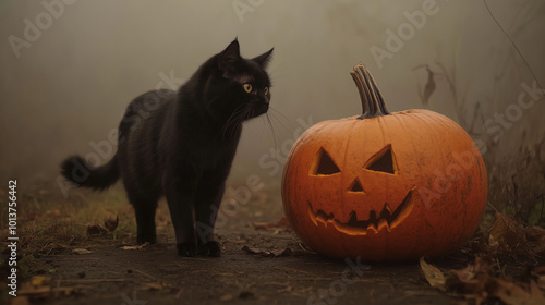 Obraz na płótnie Black cat standing beside a large pumpkin on a foggy evening, soft autumn light, eerie Halloween ambiance w salonie