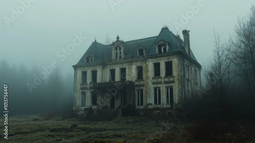 An eerie mansion submerged in fog, its broken windows revealing faint, ghost-like figures within, an unsettling stillness pervades. photo