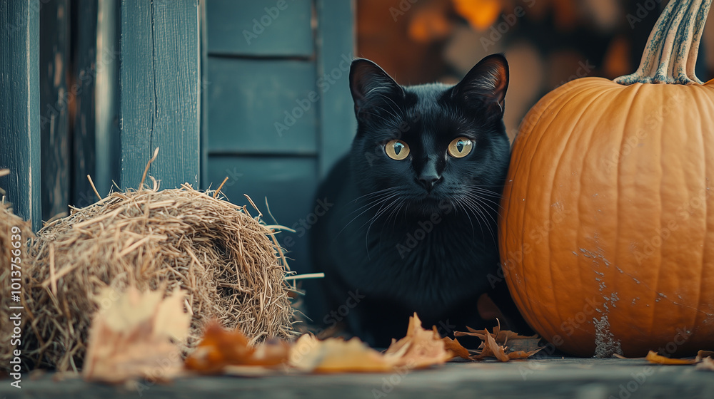 Black cat looking out from behind a pumpkin on a wooden porch, with fallen leaves and hay bundles, cozy autumn evening