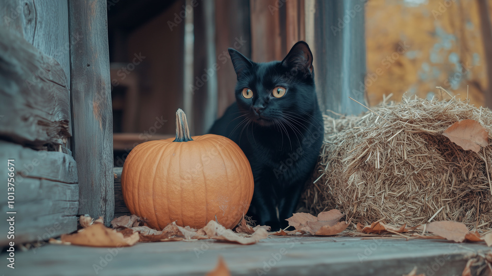 Black cat looking out from behind a pumpkin on a wooden porch, with fallen leaves and hay bundles, cozy autumn evening