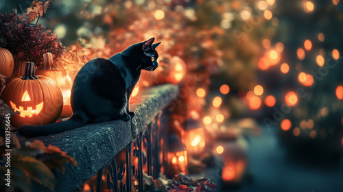 Obraz na płótnie Black cat perched on a fence, surrounded by glowing pumpkins and lanterns in an autumn landscape, Halloween night scene w salonie