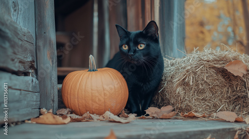 Obraz na płótnie Black cat looking out from behind a pumpkin on a wooden porch, with fallen leaves and hay bundles, cozy autumn evening w salonie