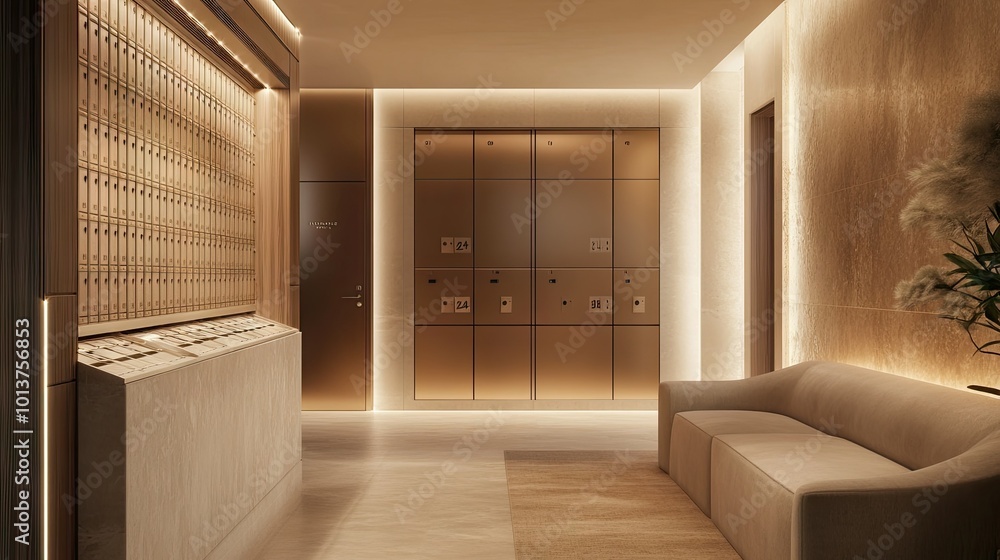 Obraz premium Condominium mailroom featuring a wall of numbered mailboxes. The clean, organized space has neutral tones, soft lighting, and an elegant, minimalist design.
