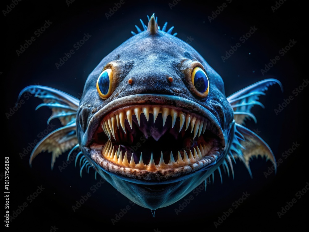 In the pitch-black ocean depths, a mysterious creature with menacing, sharp teeth navigates gracefully through the water, embodying both beauty and terror in the darkness. In the pitch-black ocean depths, a mysterious creature with menacing, sharp teeth navigates gracefully through the water, embodying both beauty and terror in the darkness.