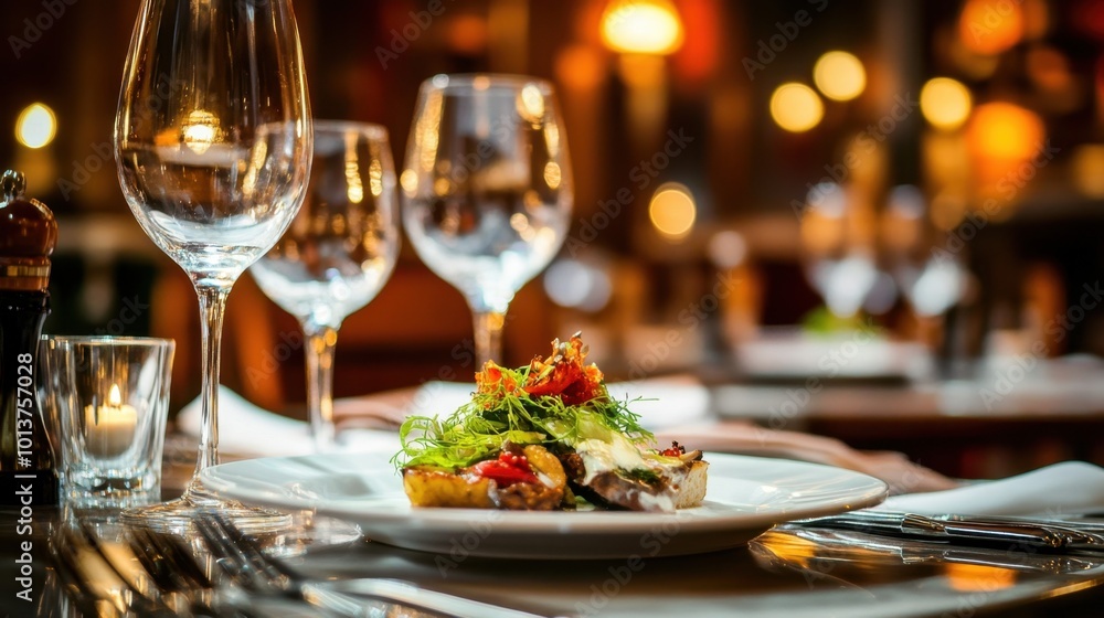 An elegant fine dining table set with a chef's special dish, accompanied by delicate glassware and gleaming silver cutlery, in a luxurious restaurant. An elegant fine dining table set with a chef's special dish, accompanied by delicate glassware and gleaming silver cutlery, in a luxurious restaurant.
