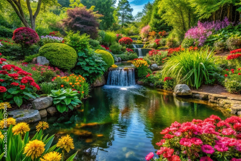 In this serene Eden, vibrant flowers flourish amidst lush greenery, while tranquil water features create a peaceful sanctuary, inviting moments of reflection and harmony with nature. In this serene Eden, vibrant flowers flourish amidst lush greenery, while tranquil water features create a peaceful sanctuary, inviting moments of reflection and harmony with nature.