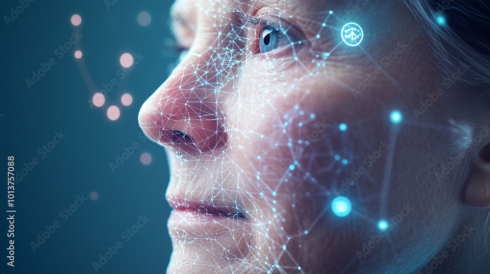 Advanced medical tech for hormonal health, on elderly skin, showcasing 3D iconography and sleek design, clinical aesthetic, well-lit background