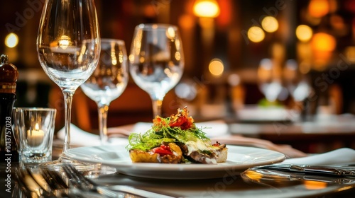 An elegant fine dining table set with a chef's special dish, accompanied by delicate glassware and gleaming silver cutlery, in a luxurious restaurant.