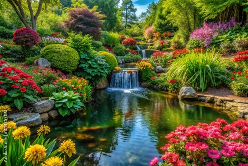In this serene Eden, vibrant flowers flourish amidst lush greenery, while tranquil water features create a peaceful sanctuary, inviting moments of reflection and harmony with nature.