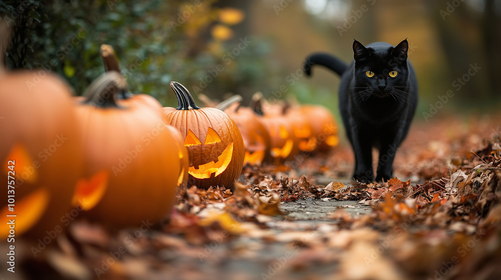A row of carved pumpkins with a black cat prowling in the background, surrounded by fall foliage, Halloween feel