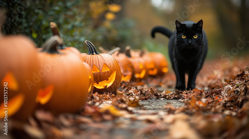 Obraz na płótnie A row of carved pumpkins with a black cat prowling in the background, surrounded by fall foliage, Halloween feel w salonie