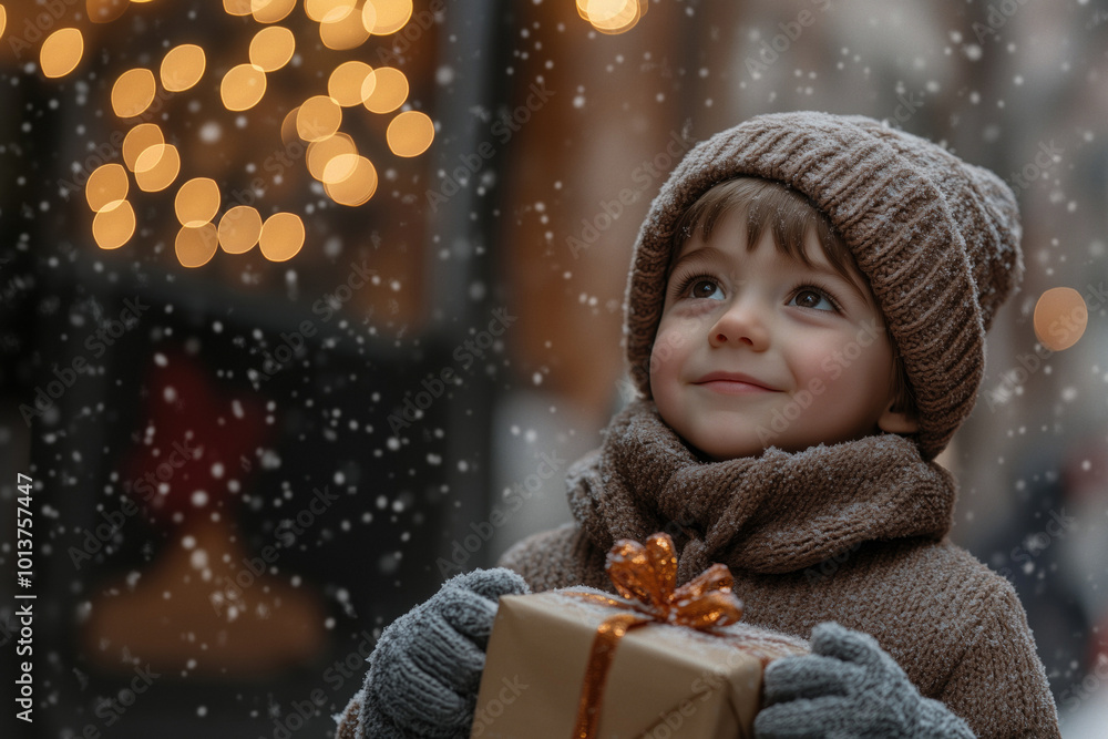 Little happy boy with christmas presents in his hands, christmas lights and snowfall in the background, big editable space. Little happy boy with christmas presents in his hands, christmas lights and snowfall in the background, big editable space.