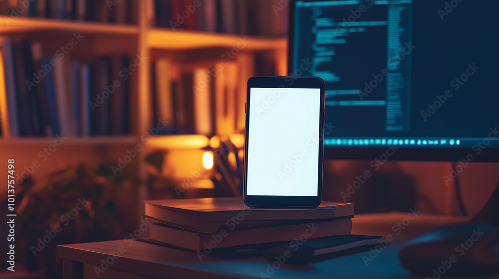 A mobile phone propped up against a stack of books on a home office desk, its white screen reflecting light from a nearby computer monitor, creating a tech-savvy, focused atmosphere