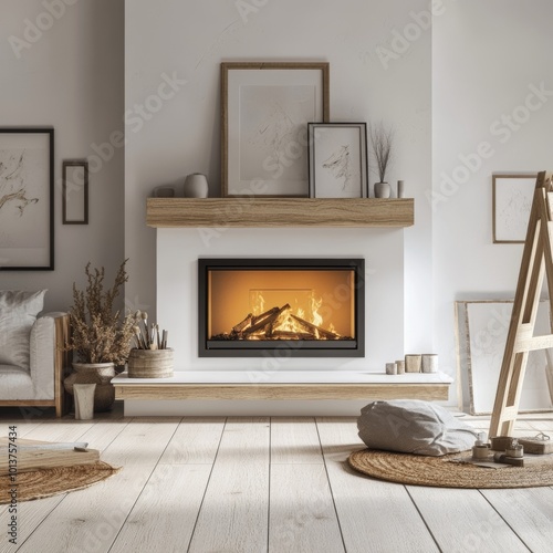 This cozy living room features a warm fireplace, an art-filled mantel, boho-style decor, and inviting floor cushions for relaxation. photo