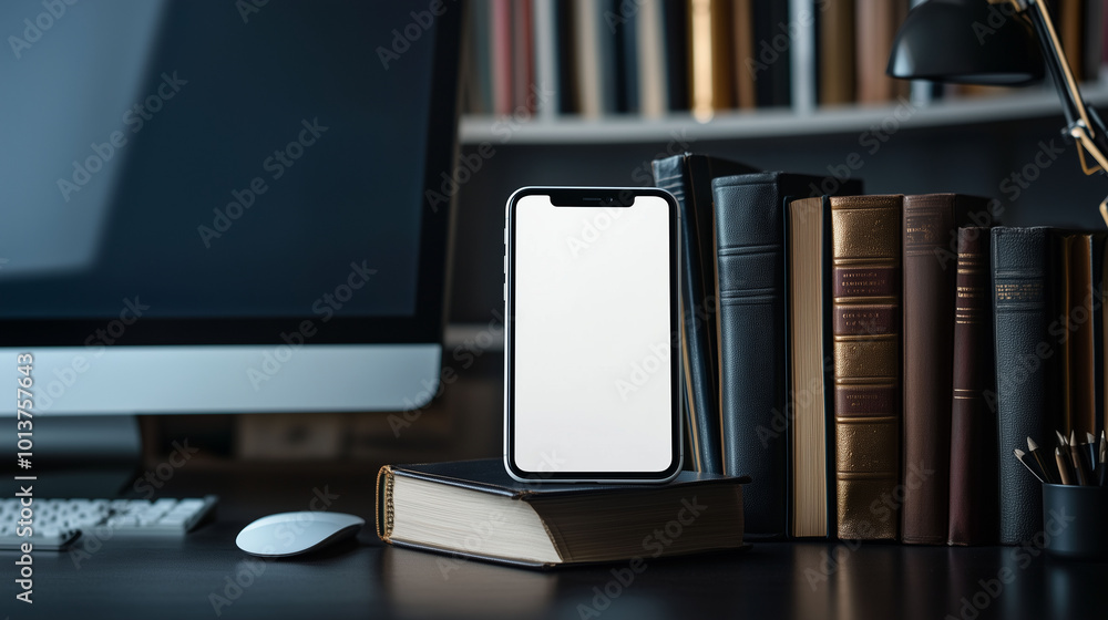 A mobile phone propped up against a stack of books on a home office desk, its white screen reflecting light from a nearby computer monitor, creating a tech-savvy, focused atmosphere