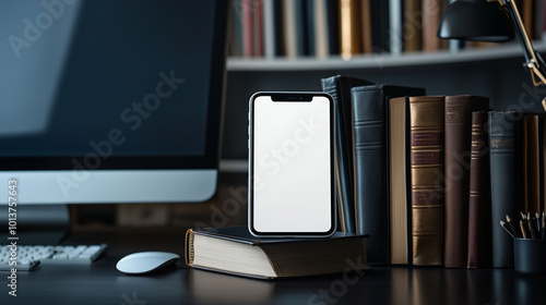 Obraz na płótnie A mobile phone propped up against a stack of books on a home office desk, its white screen reflecting light from a nearby computer monitor, creating a tech-savvy, focused atmosphere w salonie