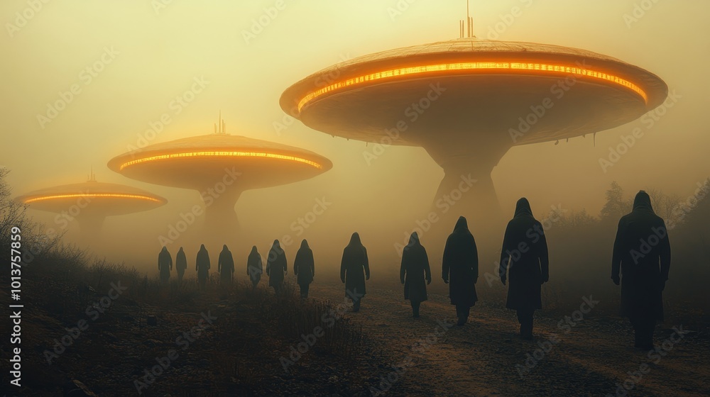 A group of people are walking in a foggy field with three large orange alien sha A group of people are walking in a foggy field with three large orange alien sha