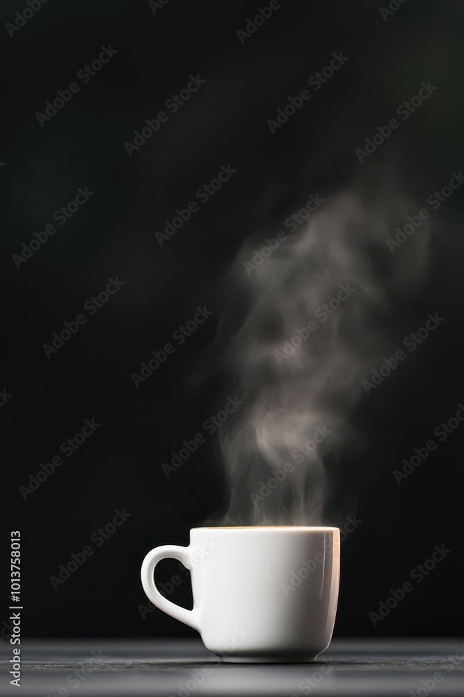 A steaming white cup sits against a dark background, emitting wisps of vapor, creating a cozy and inviting atmosphere, Ideal for coffee shop promotions, lifestyle blogs, or relaxation themes, A steaming white cup sits against a dark background, emitting wisps of vapor, creating a cozy and inviting atmosphere, Ideal for coffee shop promotions, lifestyle blogs, or relaxation themes,