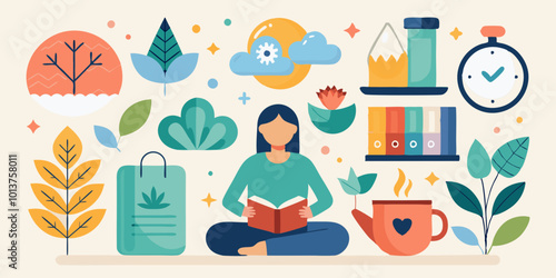 A set of elements representing mindful living practices like gratitude journaling, deep breathing, and spending time outdoors.

