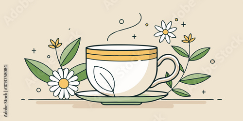 A minimalist line art design of a calming chamomile tea cup with a few loose tea leaves beside it.

