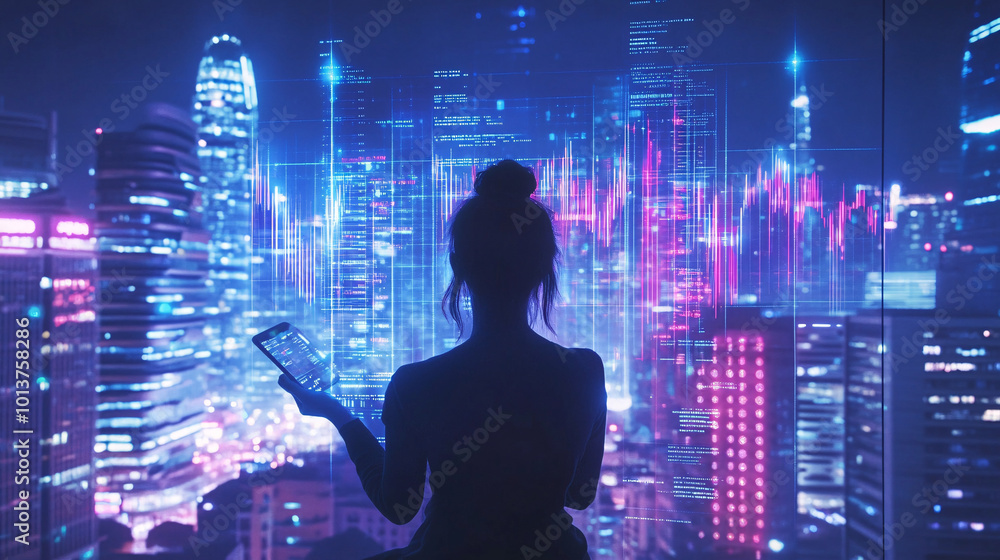 Woman with phone in front of digital screen in modern city at night Woman with phone in front of digital screen in modern city at night
