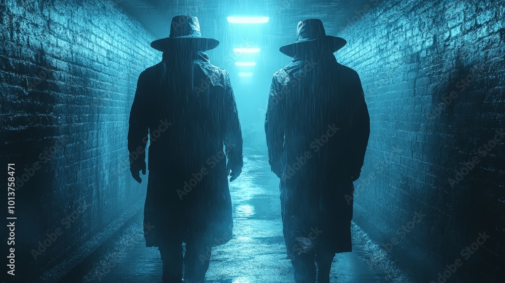 Two men wearing hats and coats walking down a dark tunnel Stock ...