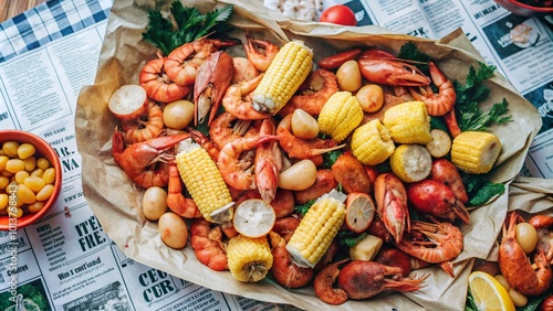 A close-up of a seafood boil with shrimp, corn, potatoes and lemons.