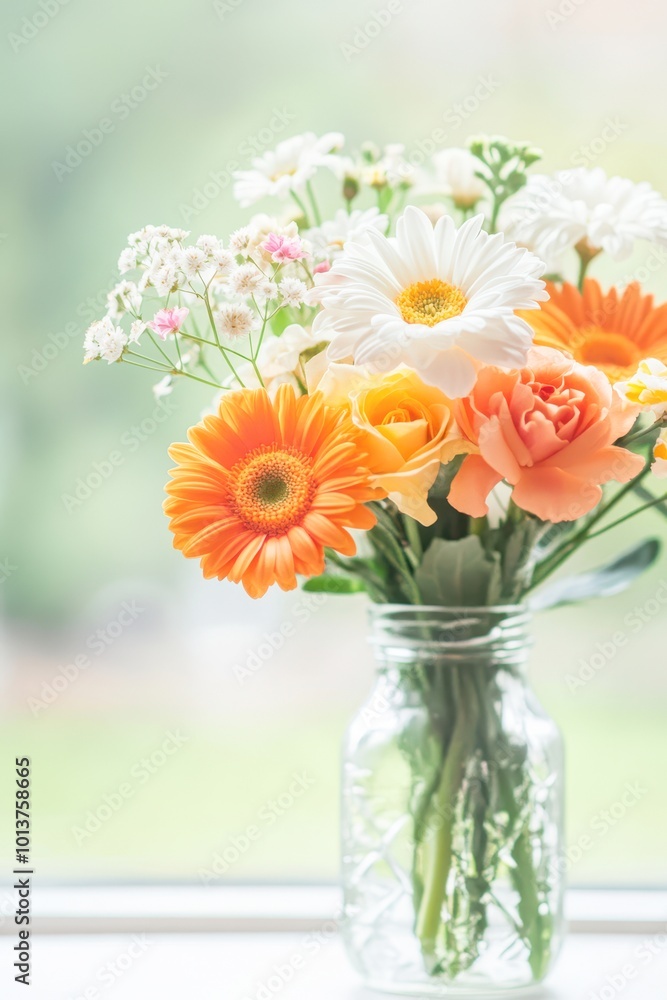 A vibrant bouquet featuring orange gerberas, white daisies, and delicate pink accents in a clear jar, set against a soft, blurred background, Ideal for decoration, events, or floral-themed designs, A vibrant bouquet featuring orange gerberas, white daisies, and delicate pink accents in a clear jar, set against a soft, blurred background, Ideal for decoration, events, or floral-themed designs,