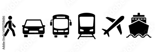 Transport icons set. Auto, bus, train, ship, plane and on foot. Public, travel and delivery transport icons. Vector illustration.