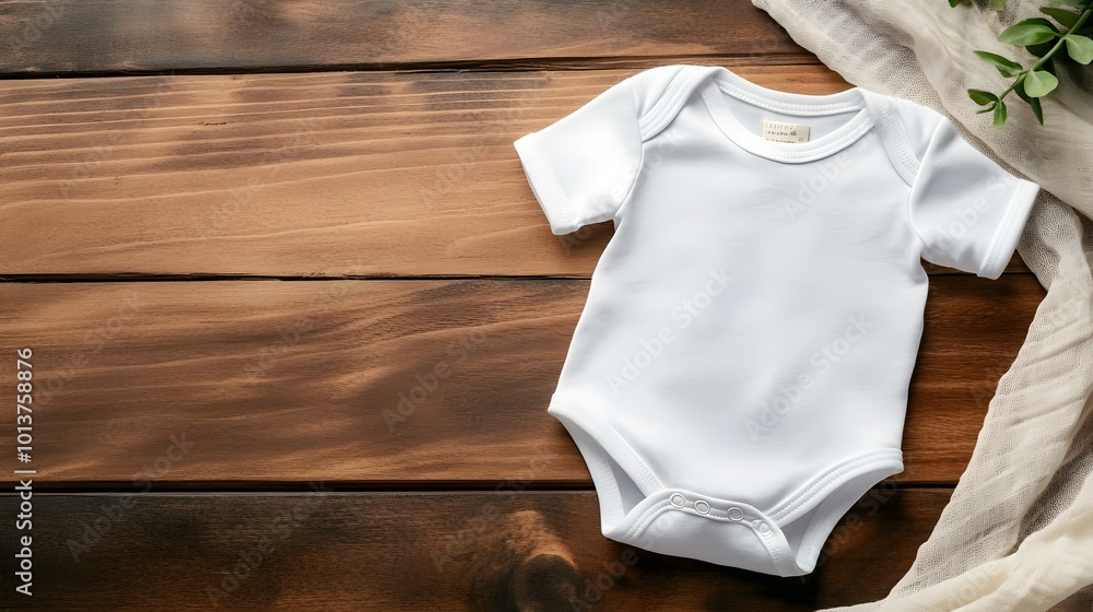 Flat lay mockup featuring a white baby bodysuit on a wooden background, perfect for baby clothes design templates Flat lay mockup featuring a white baby bodysuit on a wooden background, perfect for baby clothes design templates