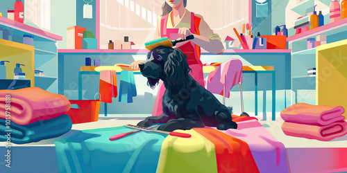 A pet groomer meticulously brushing a sleek, black dog in a brightly lit salon, with colorful towels and tools spread out around them.