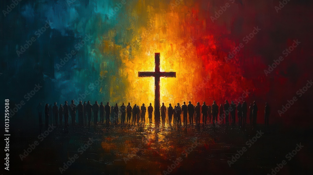artistic representation of a large cross at the center of a painting surrounded by diverse people with illuminated faces gazing with hope symbolizing unity and shared faith artistic representation of a large cross at the center of a painting surrounded by diverse people with illuminated faces gazing with hope symbolizing unity and shared faith