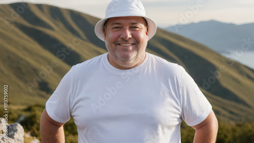 Plus size man wearing white t-shirt and white bucket hat standing on a mountain