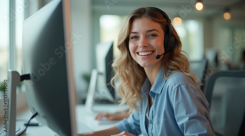 Female wearing a headset and working in computer, young woman working in customer service, professional operator representative call center help desk adviser online employee smiling in workplace call