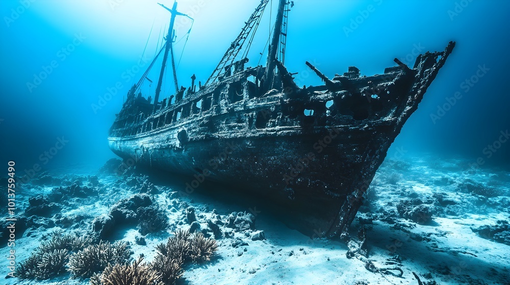 Ultra-realistic photo of an ancient pirate shipwreck at the ocean bottom, eerie deep-sea atmosphere Ultra-realistic photo of an ancient pirate shipwreck at the ocean bottom, eerie deep-sea atmosphere